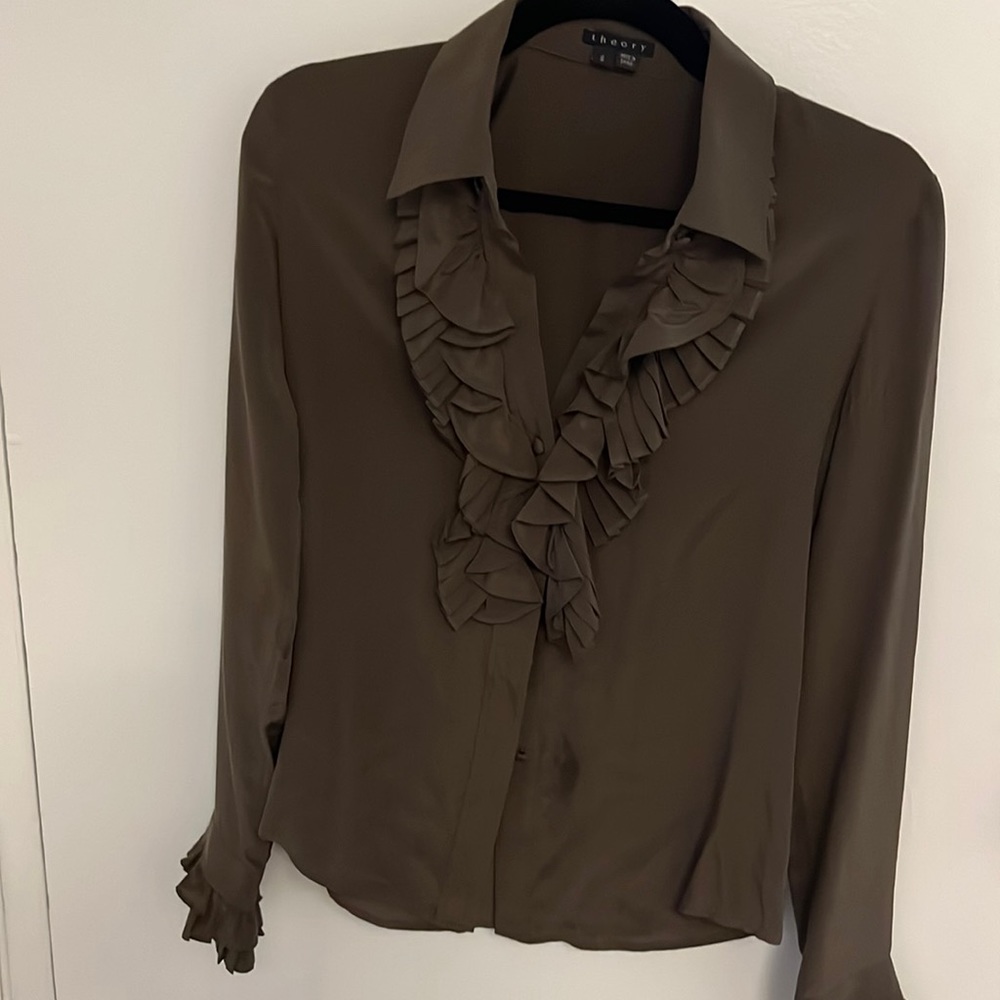 Theory silk ruffle blouse with buttons